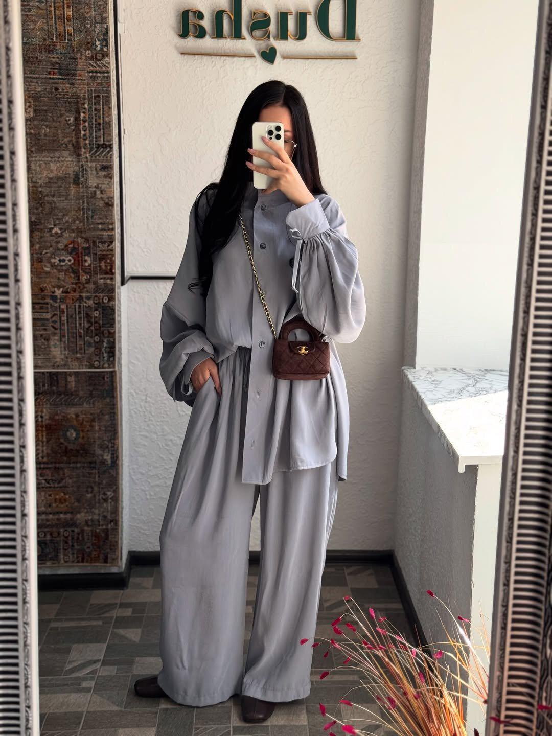 

2025 Autumn Women s Plus Size Puff Sleeve Shirt & Wide-Leg Pants Two-Piece Set XL