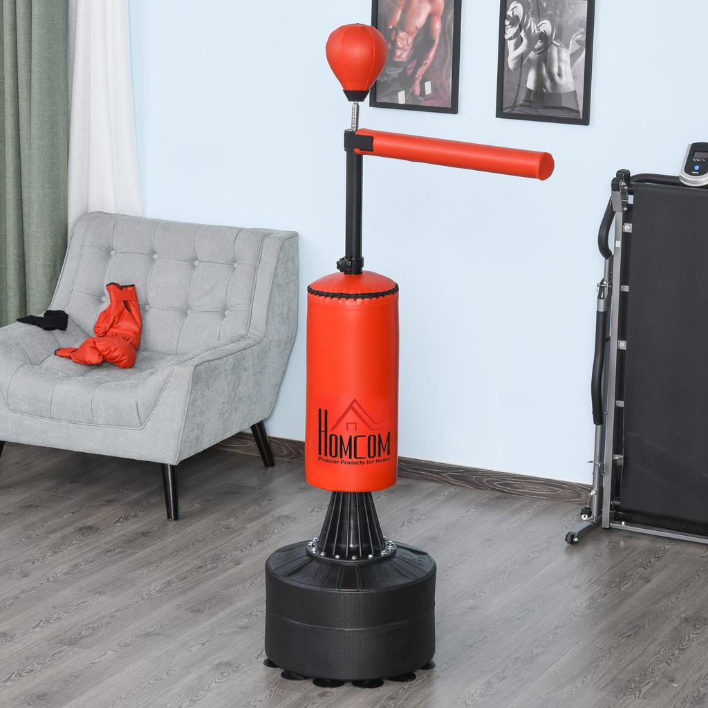155-205 cm 3v1 Samostatný stojan na boxovací pytel, Boxerský rychlostní trenér s otočným flexibilním ramenem, Rychlostní míč, Plnitelná základna, Červený