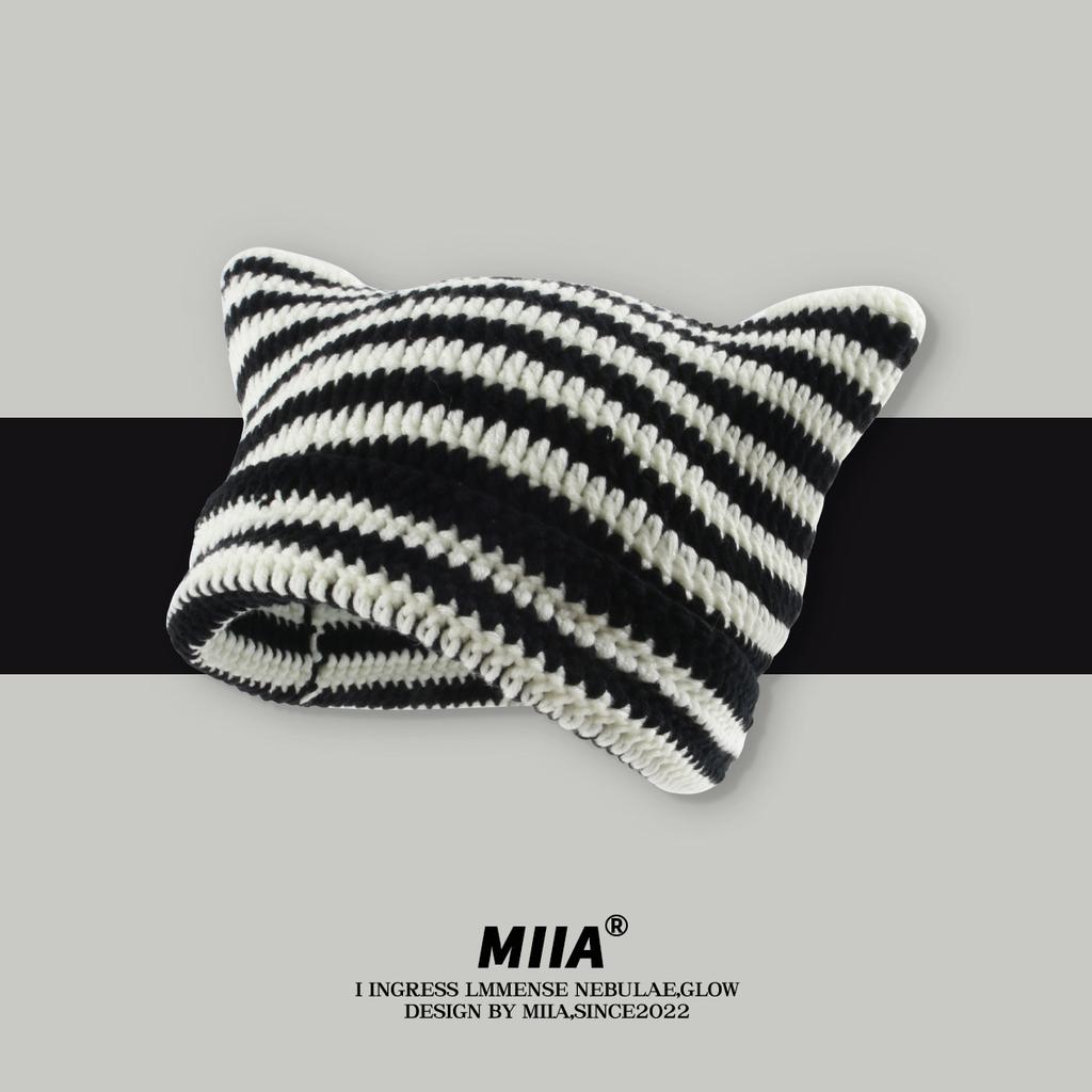 Nowa japońska czapka beanie Ins Mały Diabeł Pasiasta Dzianinowa Wełniana Czapka Jesień Zima Ciepła Urocza Uszy Kota Szpiczasta Pulower Damskie Czapki