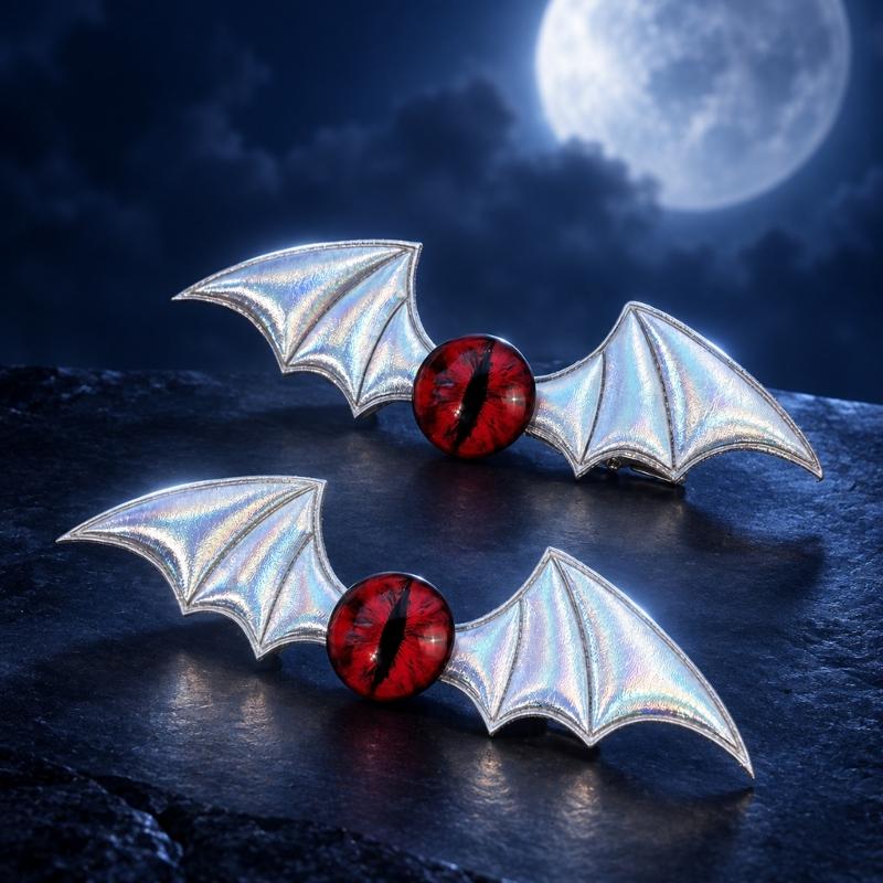 Gothic Hair Clip Set of 2 with Bat Wing Shape and Raised Red Eyeball Decors, Cosplay Barrettes for Theme Party, Stage Show and Party Photo