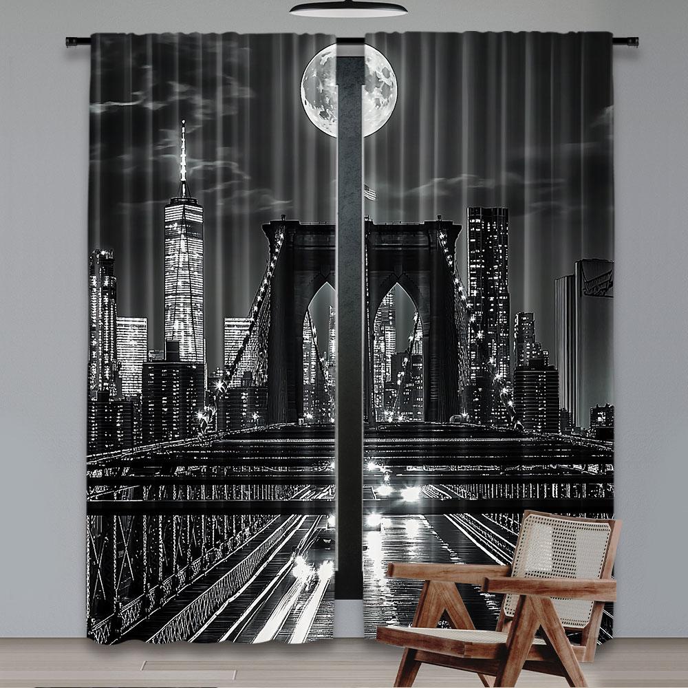 2 stk Svart og Hvit Gardin New York City Nattscene Byliv Brooklyn Manhattan Passer Til Soverom Stue Spisestue