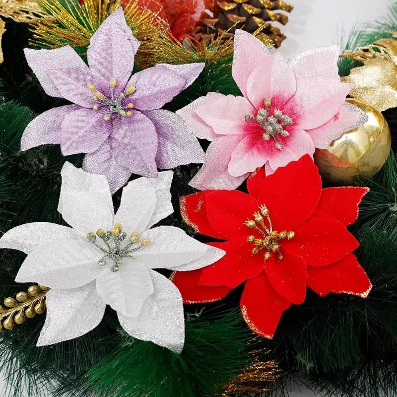 50/10PCS Red Gold Glitter Christmas Flowers Artificial Fake Flower Florals Garland Xmas Tree New Year Party Ornaments Home Decor