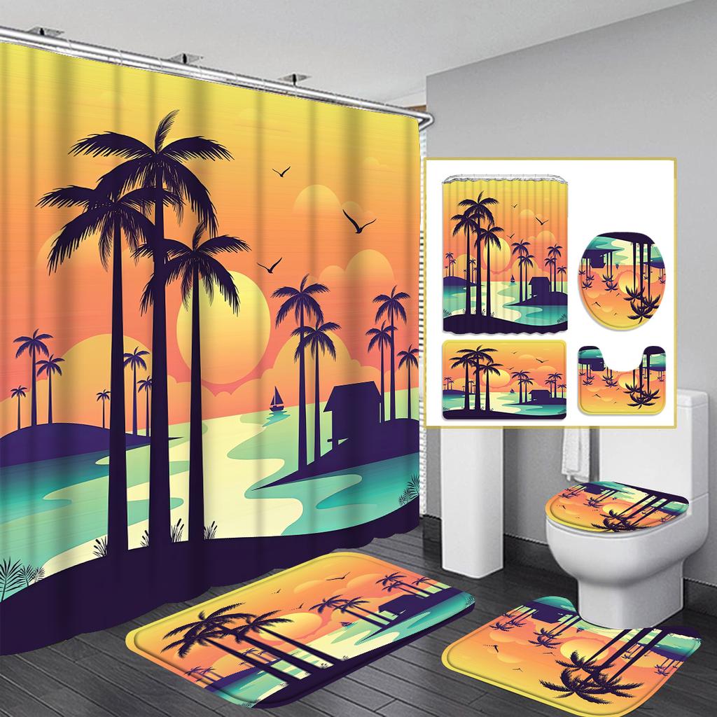 Coconut Tree 4pcs Shower Curtain Bathtub Curtain, Waterproof Bathroom Partition Curtain With 12 Hooks, Non-slip Bath Blanket