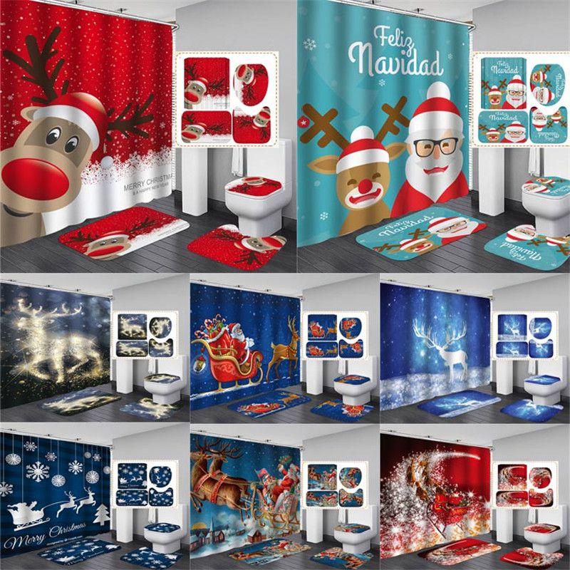 Premium Christmas Shower Curtain With Toilet Seat Cover Mats Rug Set For Stylish Holiday Bathroom