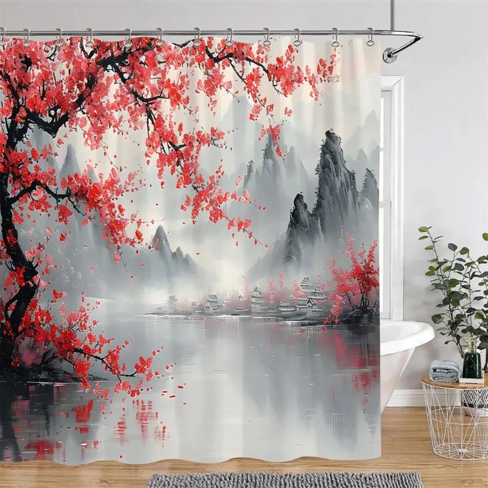 Chinese Japanese Cherry Blossom Ink Painting Shower Curtain Landscape Waves Art Creative Polyester Bath Curtains Bathroom Decor