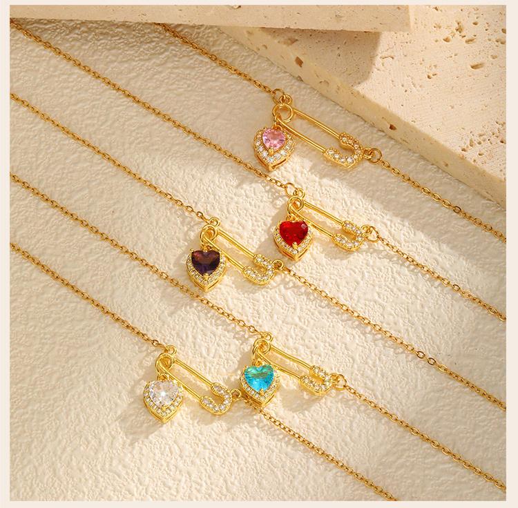 Cubic Zirconia Heart Love Charms Safety Pin Pendant Necklace, Women Necklace Adjustable Stainless Steel Jewelry