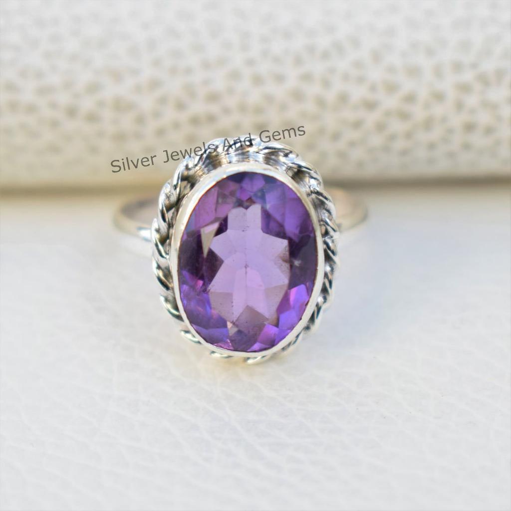Natural Amethyst Ring, 925 Sterling Silver Ring, Oval Designer Ring, February Birthstone Promise Ring, Handmade Ring