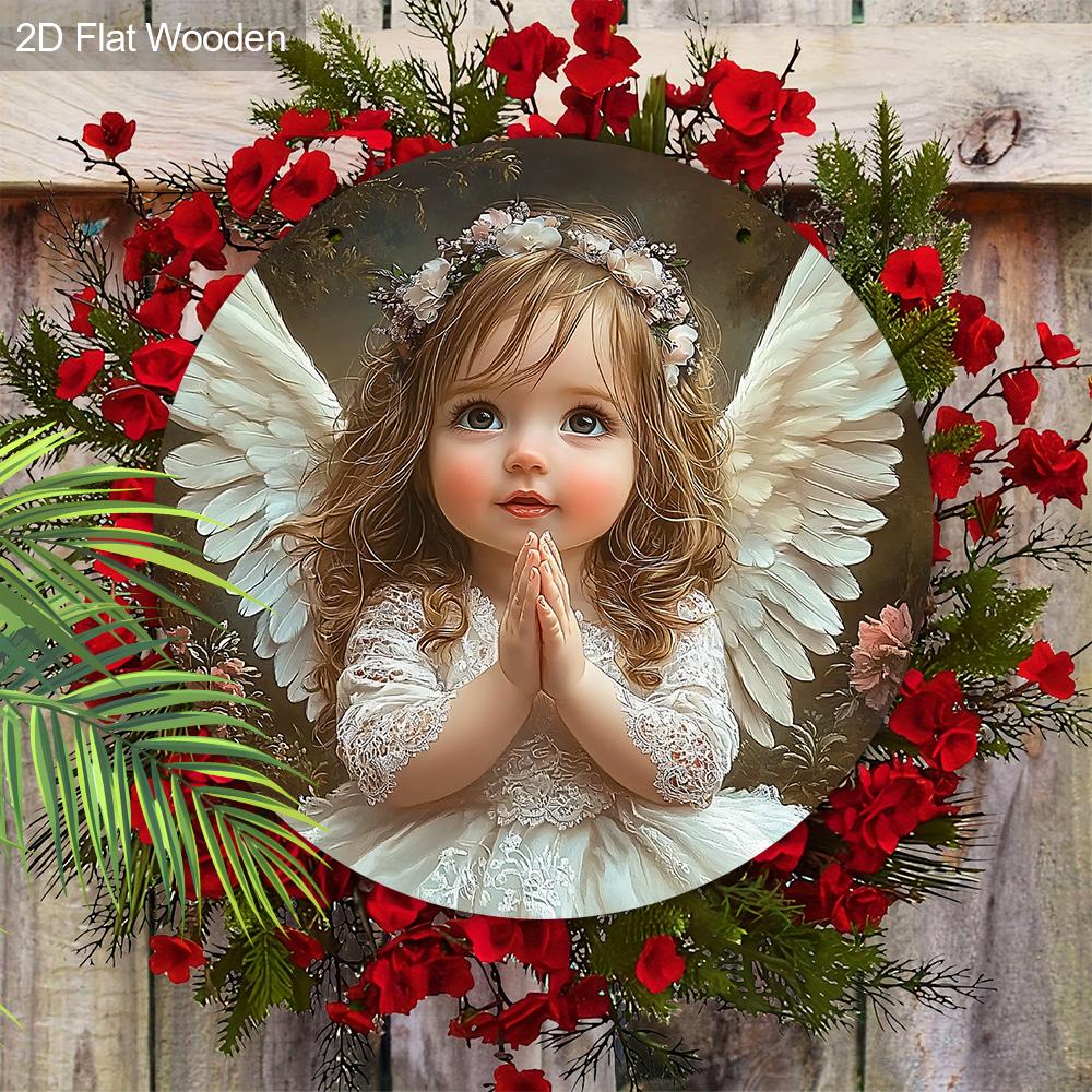 Beautiful Cherub Wooden Sign - Angle Guarding People Round Sign for Front Door Wall Hanging Decor - Ideal Home Hanging Decoration