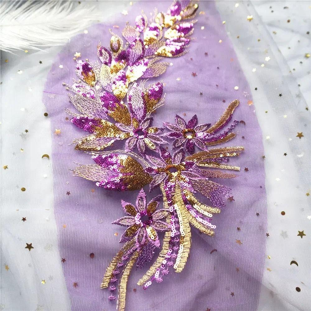 Blue Black Gold Sequined Embroidery Patches Lace Trims Mesh DIY Embroidered Floral Patches Clothing Applique