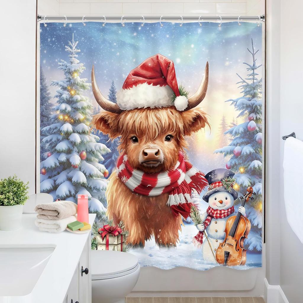 Christmas Highland Cow Shower Curtain Snowman Violin Gift Tree Design Holiday Theme Festive Decor Waterproof Fabric Xmas