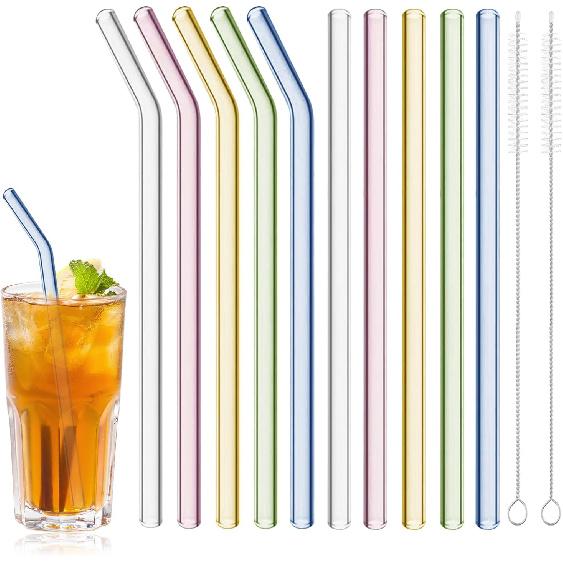 10 Pcs Reble Glass Drinking Straws, 8” Colorful Glass Straws Shatter Resistant with 2 Cleaning Brush, Set of 5 Straight and 5 Bent Reble Straw for