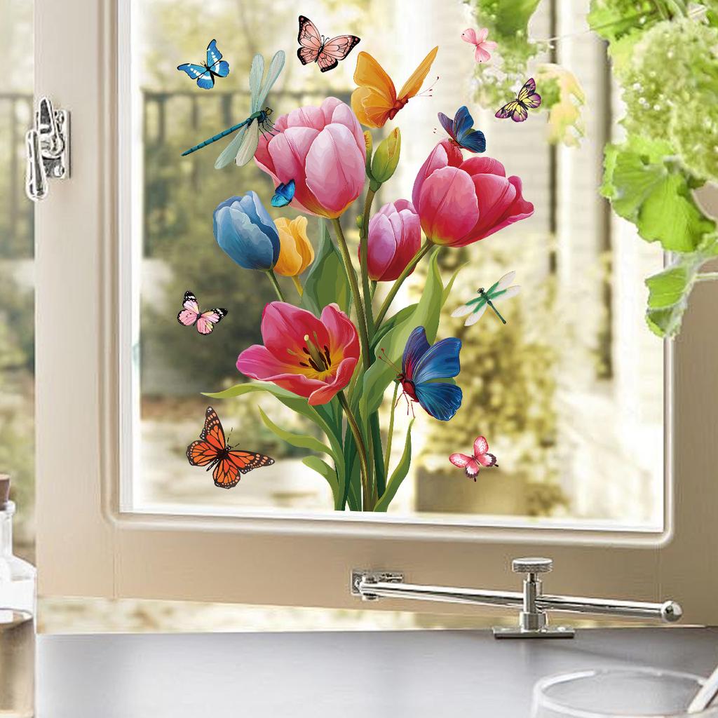 Simple atmosphere multi-color tulip glass stickers on balcony window decoration glue-free electrostatic stickers