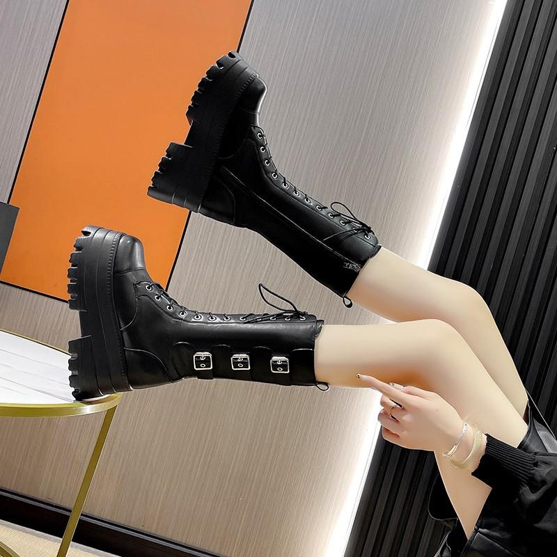 9CM Large Size43 Platform Boots High Quality Round Head Thick Sole Women's Booties British Belt Buckle Women's Boots Botas Mujer