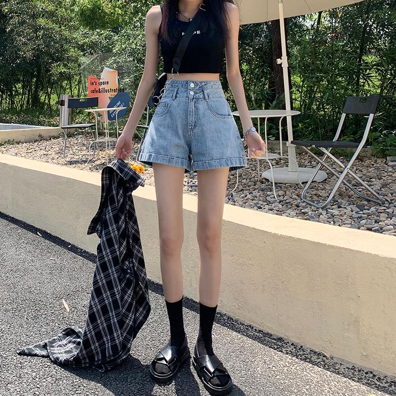 Women's High Waist A-Line Denim Shorts - Slimming, Double Button, Rolled Hem, Wide Leg, Summer Thin Style