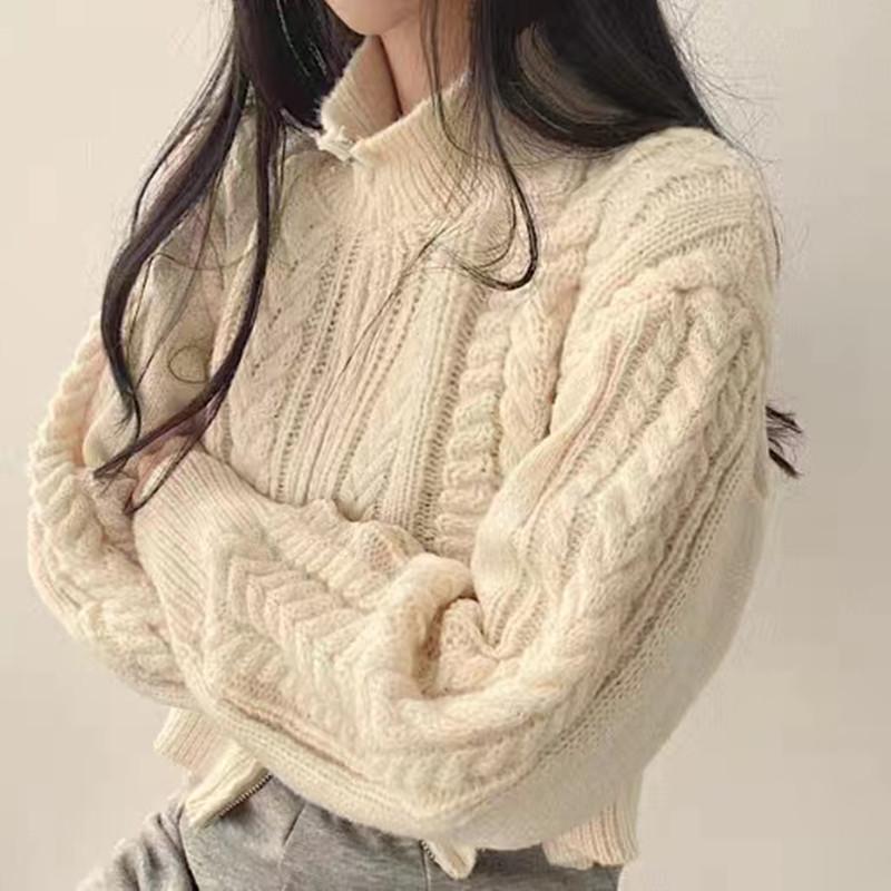 Women Double Zipper Sweater Lapel Short Pullover Crochet Fabric Solid Color Knitted Cardigan Casual Elegant Coat Fall Winter