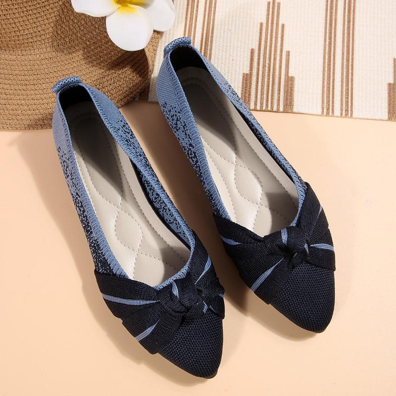 Women's Breathable Flyknit Slip-On Flats, Bow Decor Low-Cut Loafers, Plus Size Casual Work Shoes