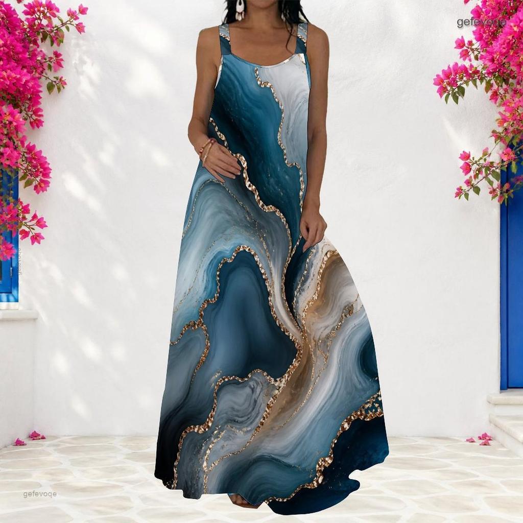 Women Plus Size Scoop Neck Strappy Sleeveless A Line Printed Bright Blue Maxi Dress