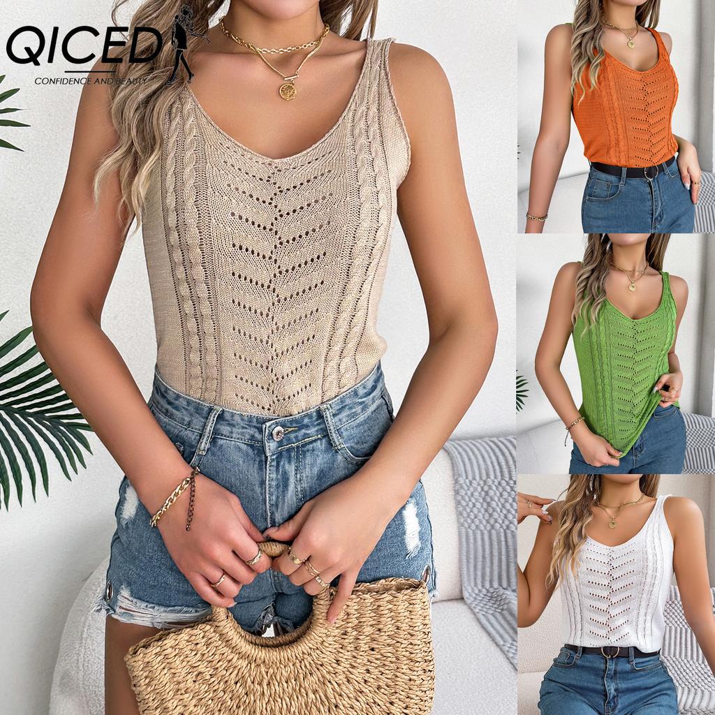 QICED Spring and Summer Casual Solid Color V-neck Cut-out Top Vacation Knitted Sweater Women's Wear
