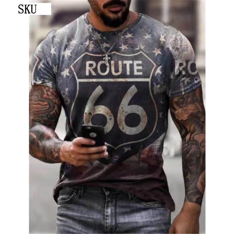 Summer Round Neck 3D Route 66 America Highway Print Top Fashionable Casual Short Sleeved Men's T-shirts