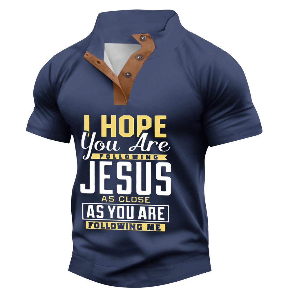 Letní pánská košile s krátkým rukávem na knoflíky se stojáčkem, ležérní módní top