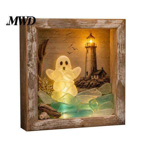 Wood Glass Picture Frame Halloween Shadow Box DIY Lighted Craft Kit, Wooden Night Light with Gothic Style Lamp Sea Stones, LED Memory Display Case for