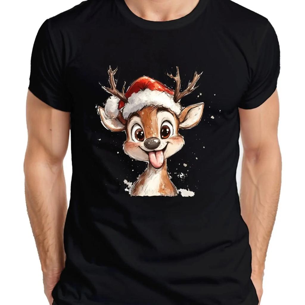 Funny Reindeer Christmas For Kids Cute Tongue Vintage Unisexs T Shirt Vintage Fashion Graphic Top For Everyday Wear Homme
