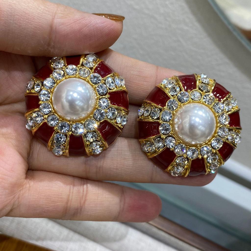 Vintage Enamel Earrings Marking Stud Earrings Vintage Copper Thick Gold Red High-End Medium Antique Jewelry