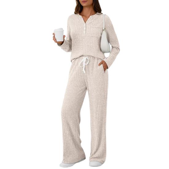 Women's 2 Piece Lounge Outfits Casual Long Sleeve Top Wide Leg Pants Pajamas Set Ribbed Sweater Sleepwear