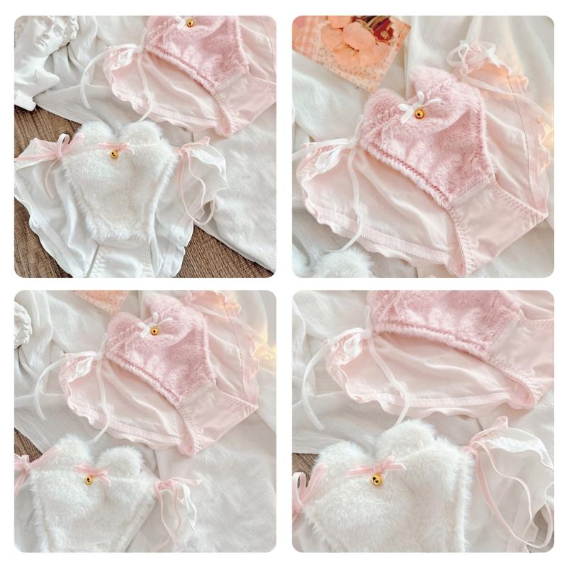 Cats Ear Bells Tie String Women's Furry Panties Cartoon Anime Ruffled Briefs Japanese Kitten Cosplay Lingerie Underwear