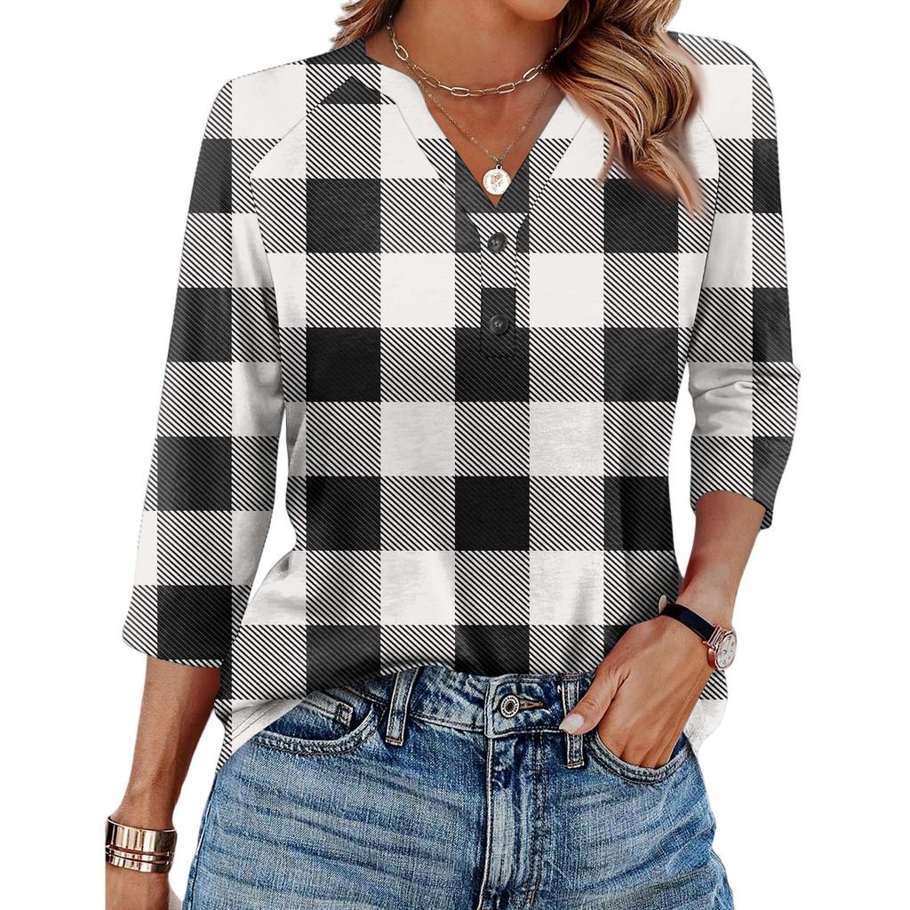 Damenmode Lässig Bedrucktes V-Ausschnitt Knopf Dreiviertelarm T-Shirt Raglanärmel Top
