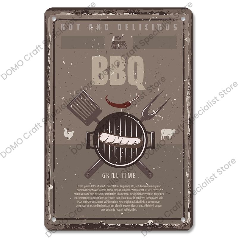 Vintage Barbecue Plaques Metal Tin Signs Grill Meat Steak Sausage Retro Metal Plate Wall Decor BBQ Party Shop Dining Room