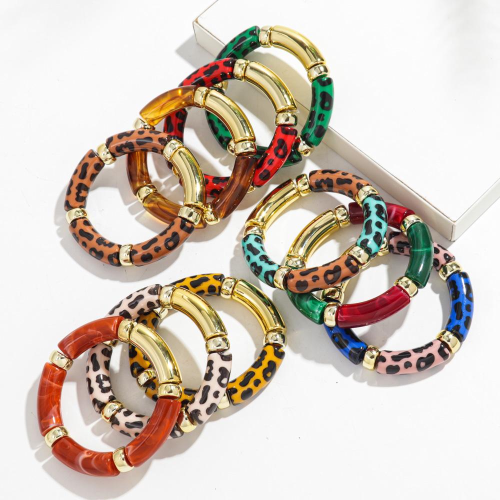 Leopard Colorful Bamboo Curved Tube Bracelets for Women Men Punk Resin Thick Beaded Elastic Stackable Bangles Retro Jewelry Gift