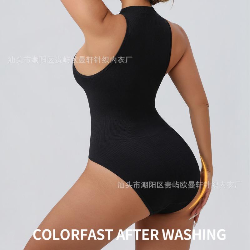 Round-neck, sleeveless, outerwear-friendly, button-down, form-fitting bodysuit with a tummy-tucking design and a thong-style shapewear