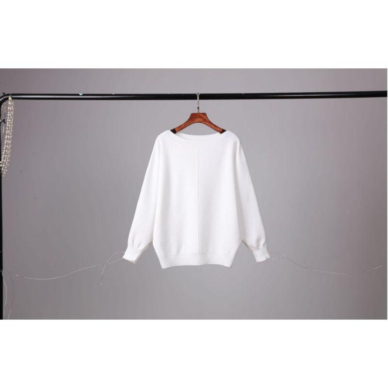

One-Line Collar Bat-Sleeve Collar Bat Sleeve Loose Tops White One size