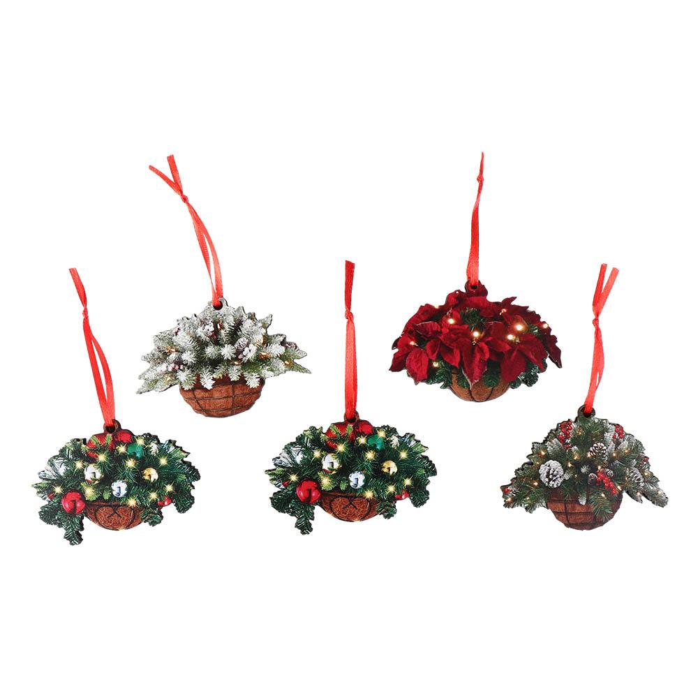 2D Flower Basket Hanging Ornament Wooden Mini Flower Basket Small Bell Pine Cone Pendant  Home