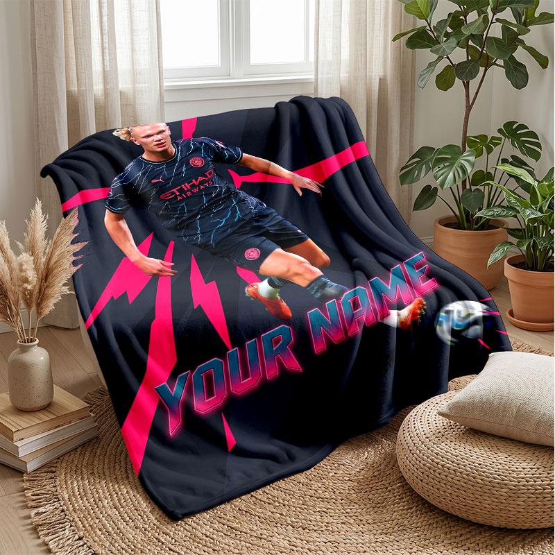 Erling Haaland Custom Name Text Flannel Blanket Soccer Logo Personalized Fleece Throw Blanket Special Gift For Sofa Bedroom Home