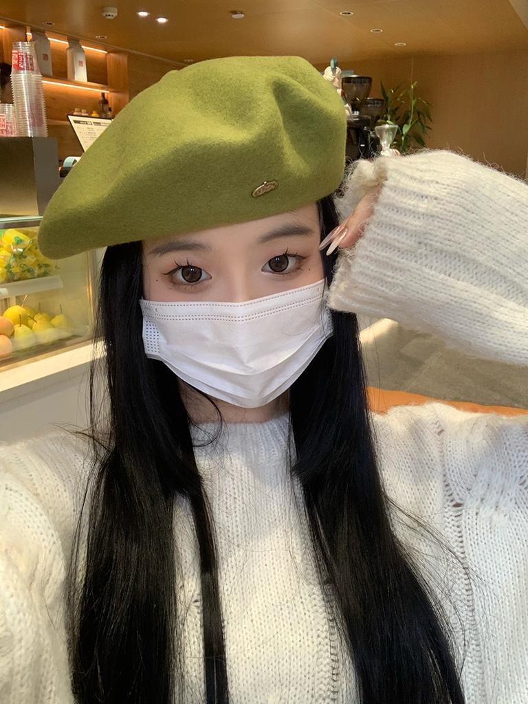 Autumn And Winter Metal Standard Wool Beret Female Korean Version Literary And Retro Painter Hat Showing Face Small Cloud Hat