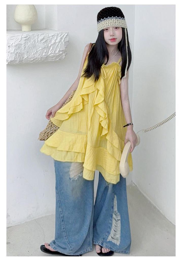 Girls' Ruffle Strappy Midi Dress - 2026 Summer Beach Style for Older Children
