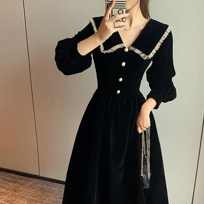 New Autumn Black Peter Pan Collar Dress Women's French High-end Elegant Long Dress Waist-cinching Slimming Audrey Hepburn Style Dress