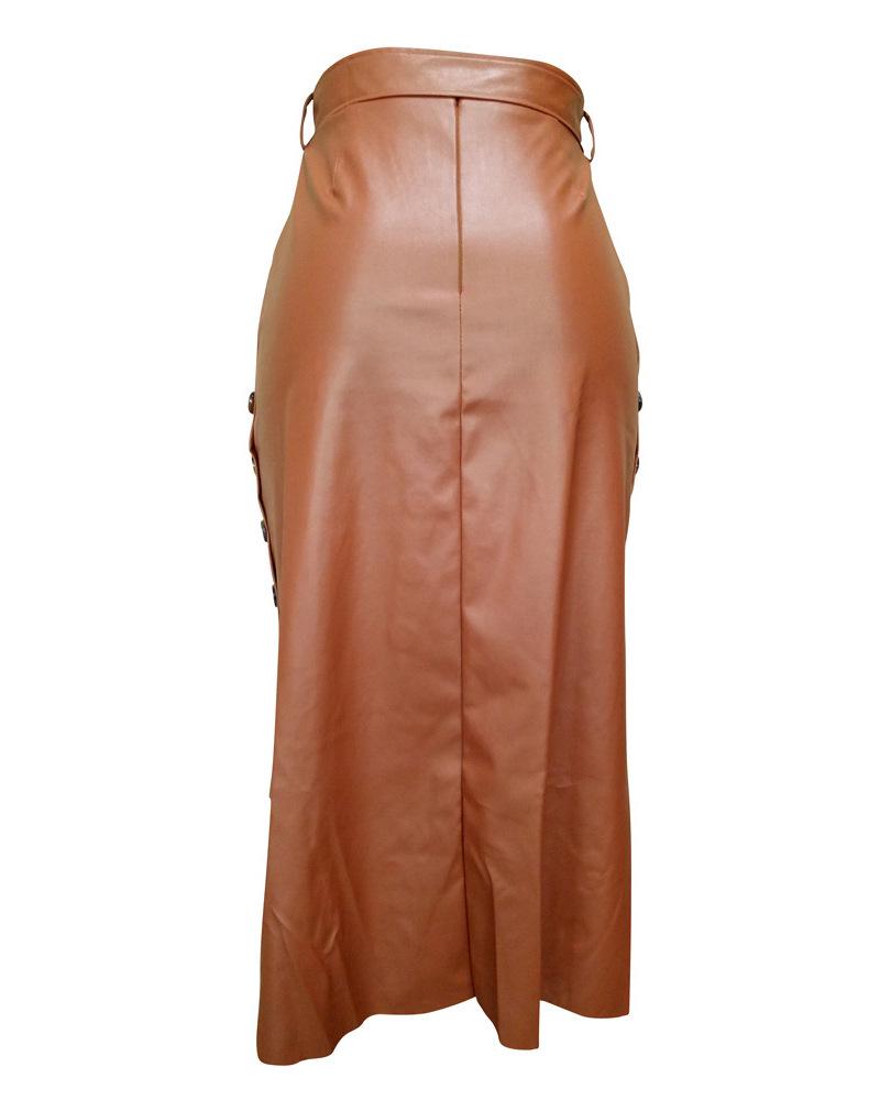 European Leather Women's Slim Fit Mid-Length Pencil Skirt with Slit