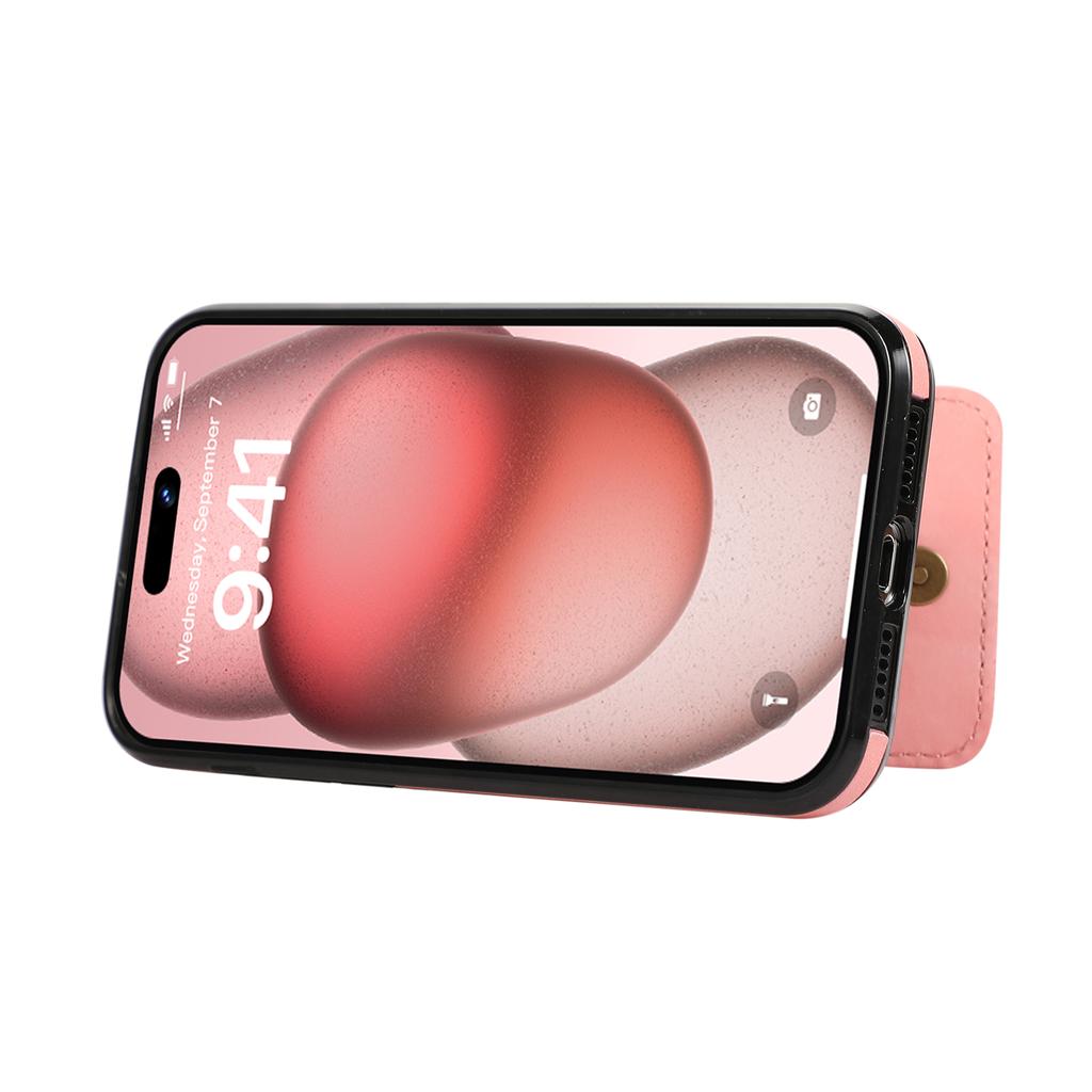 For iPhone 15 Pro Max Case Card Holder Kickstand Leather+TPU Phone Cover with Shoulder Strap