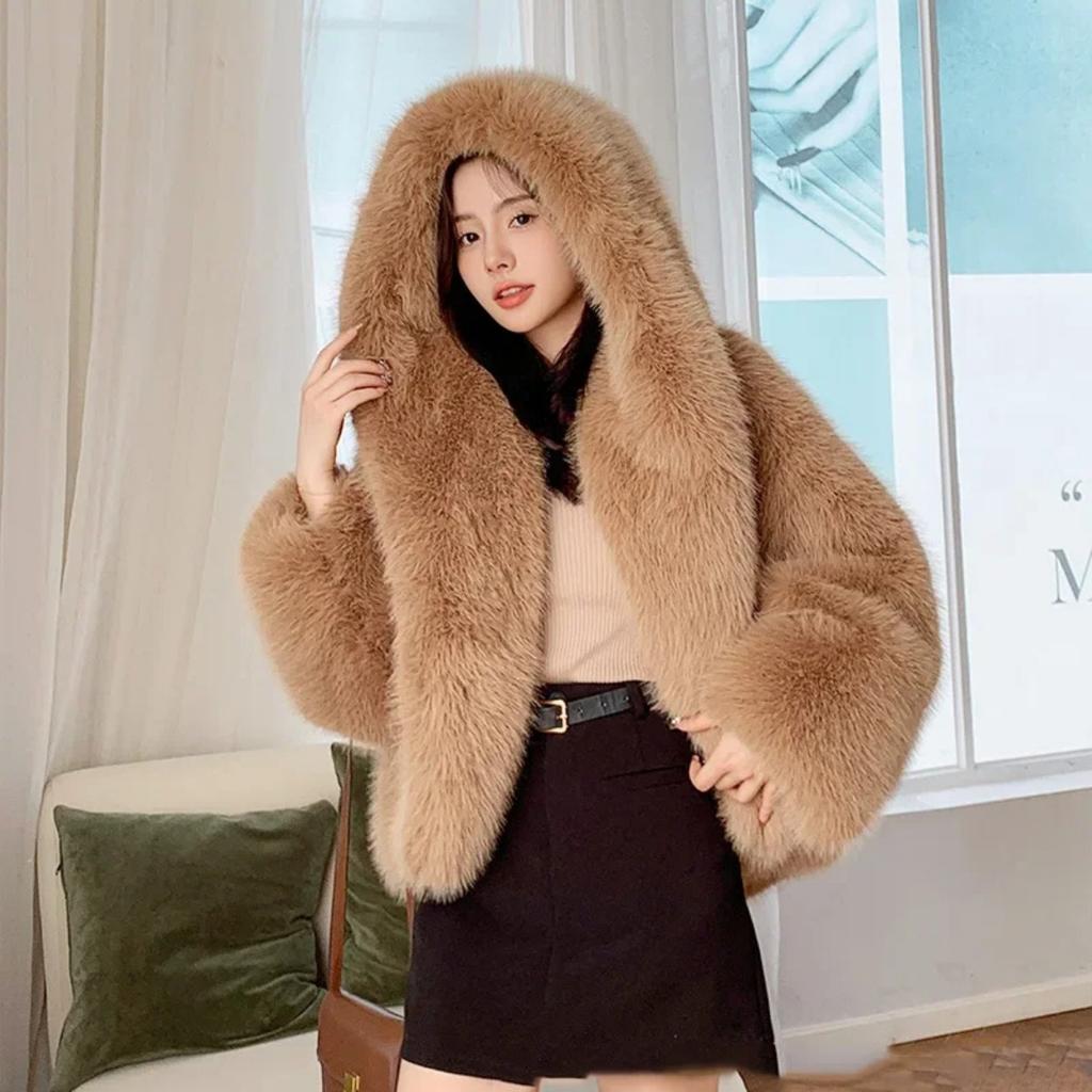 Women Faux Fur Coat Fashion Warm Winter Furry Long Sleeve Hooded Female Coats Loose Fluffy Short Fur Jacket Ladies Outwear