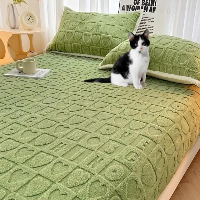 Flannel Love Pattern Bed Sheet Milk Fleece Single Bed Sheet Autumn/winter Thickened Warm Plush Sheet Solid Color Fitted Sheet Home Bedding