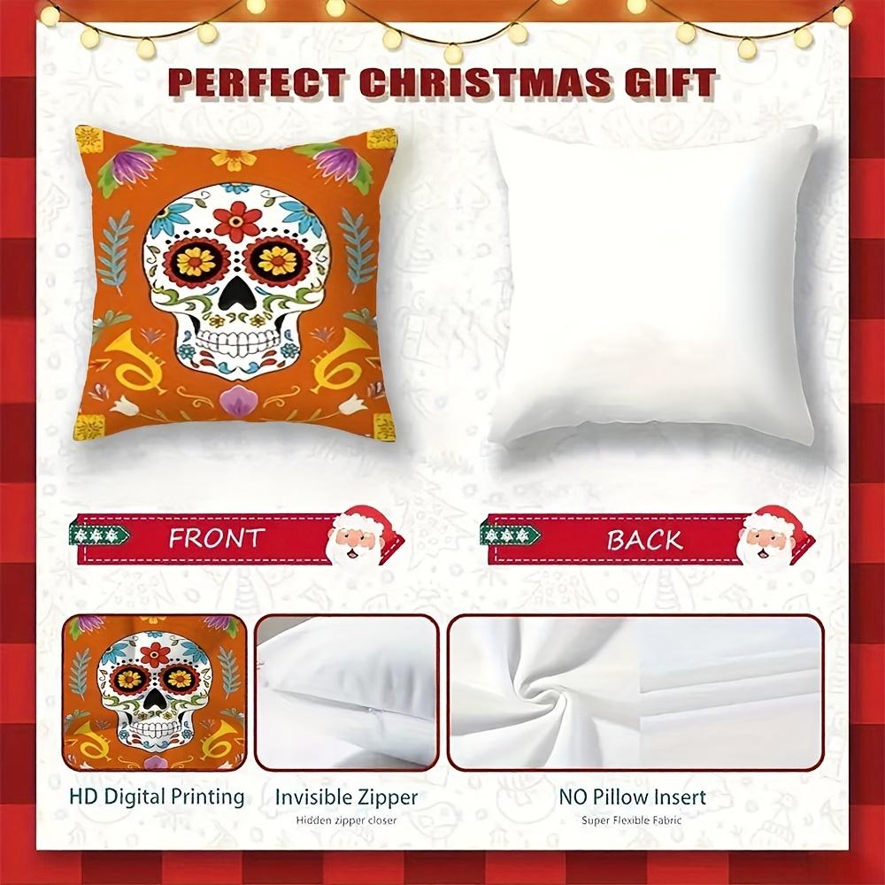 2D Flat, 2Pcs Day Of The Dead Sugar Skull Throw Pillow Covers - Mexican Folk Art Design With Vibrant Orange Floral Patterns