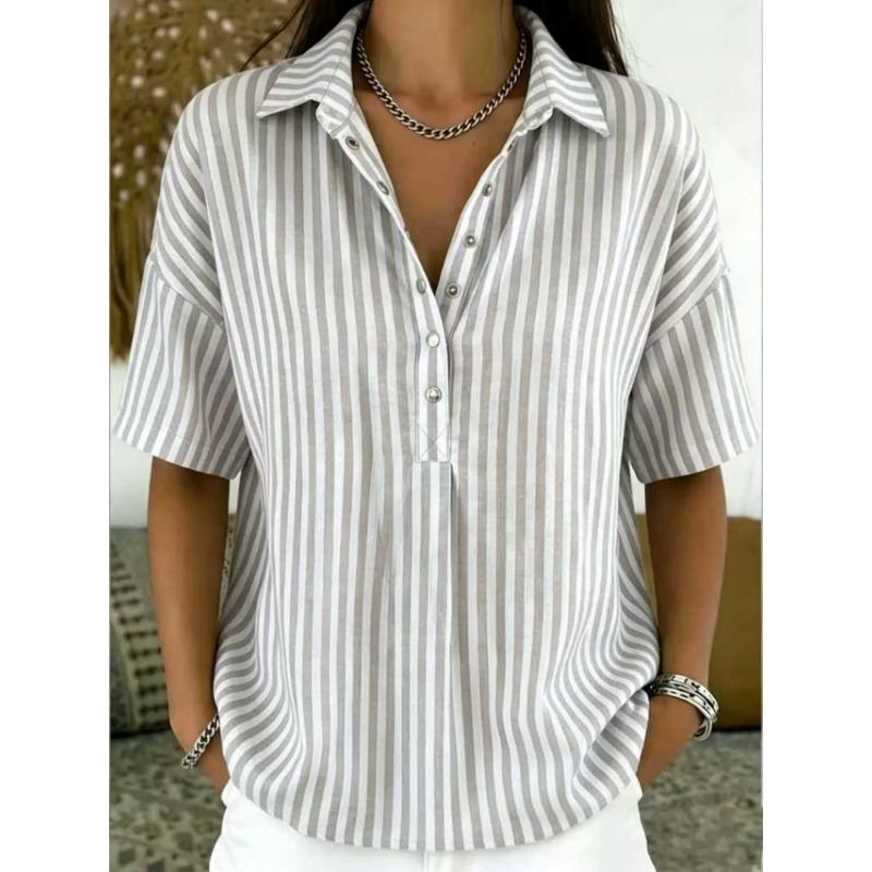 Women Striped Henley Shirt Collared Short Sleeve Casual Loose Fit Blouse