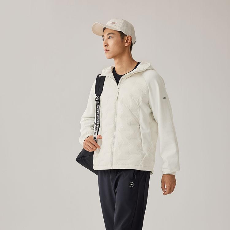 Skechers Lightweight Warm Windproof Hooded Short Down Jacket Men Outerwear Cotton-White P425M141-0074