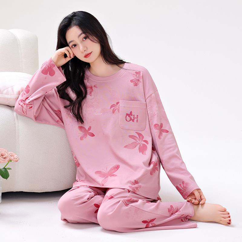 Women's Double-Sided Cotton Pajama Set: High-End, Skin-Friendly, Round Neck Pullover - Perfect for Home Wear