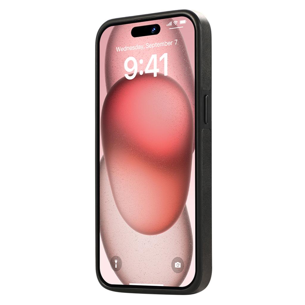 For iPhone 14 PU Leather Back Case Card Holder Kickstand Phone Cover with Wrist Strap