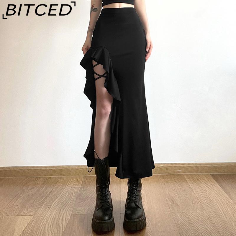 BITCED Summer Women's Solid-Color Slim-Fit Streetwear High-Waisted Bodycon Split Skirt