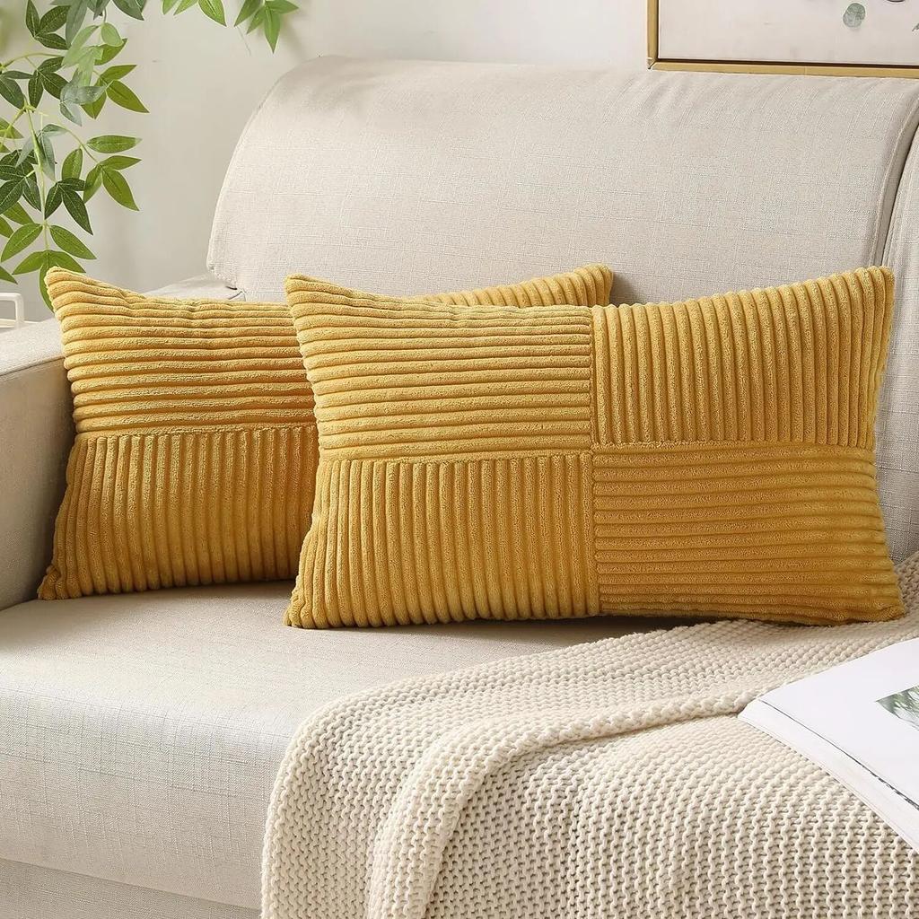 Textured Striped Patchwork Corduroy Throw Pillowcase for Lumbar Pillow Covers 12x20 Inches Cushion Cases Farmhouse Boho Decor